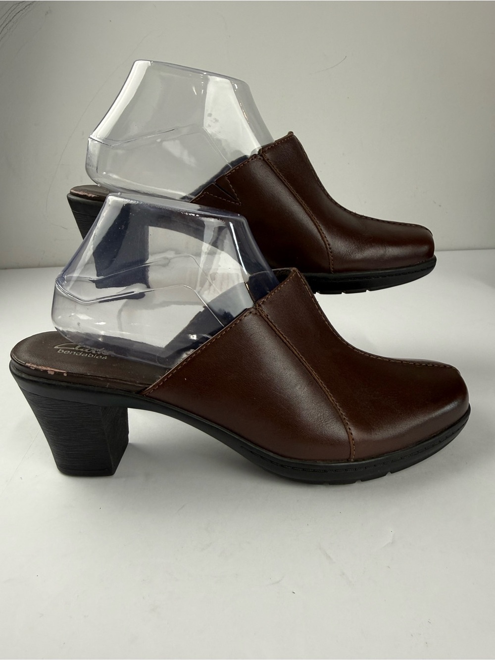 Clarks Bendables Womens 9.5 Mirabelle Oscar Brown Leather Heeled Mules SEE ALL.